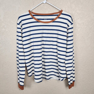 Pendleton Blue and Cream Striped Top with Caramel Trim XS (3879)